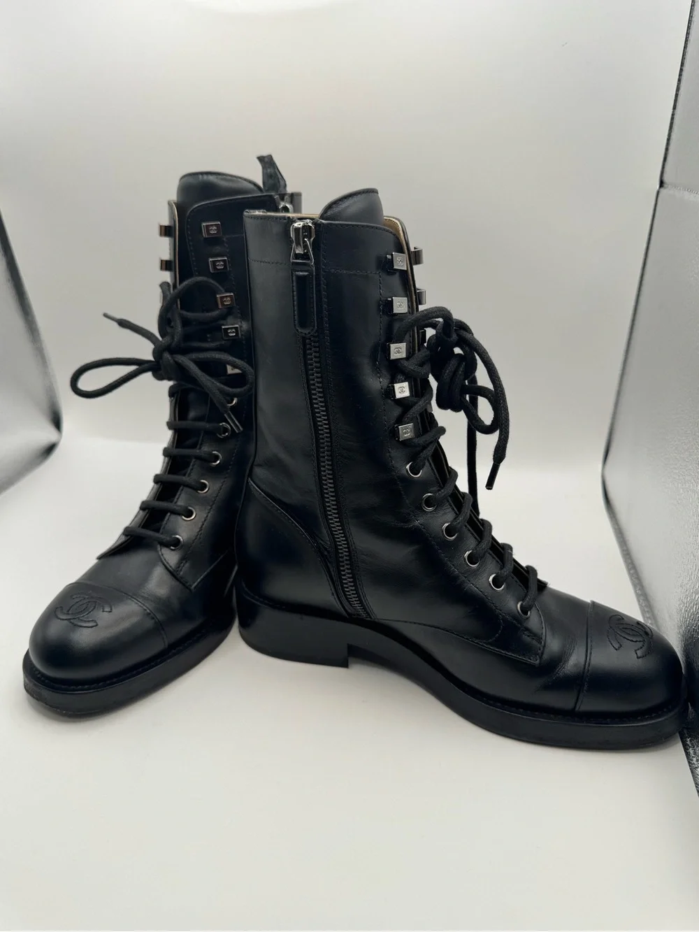 CHANEL Black Calfskin Leather Lace-Up Combat Boots CC Logo Size 37